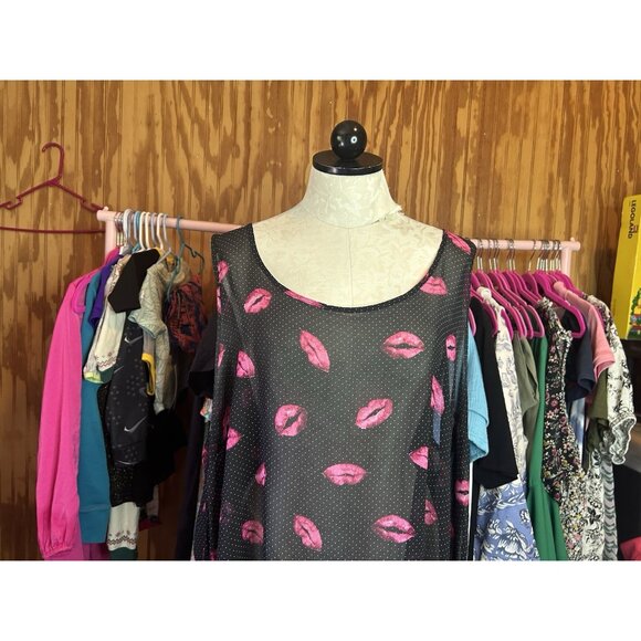 Torrid Tank Top Sleeveless Shirt Black Polka Dot- Semi sheer Pink Lips 3 (3X) - Picture 4 of 11